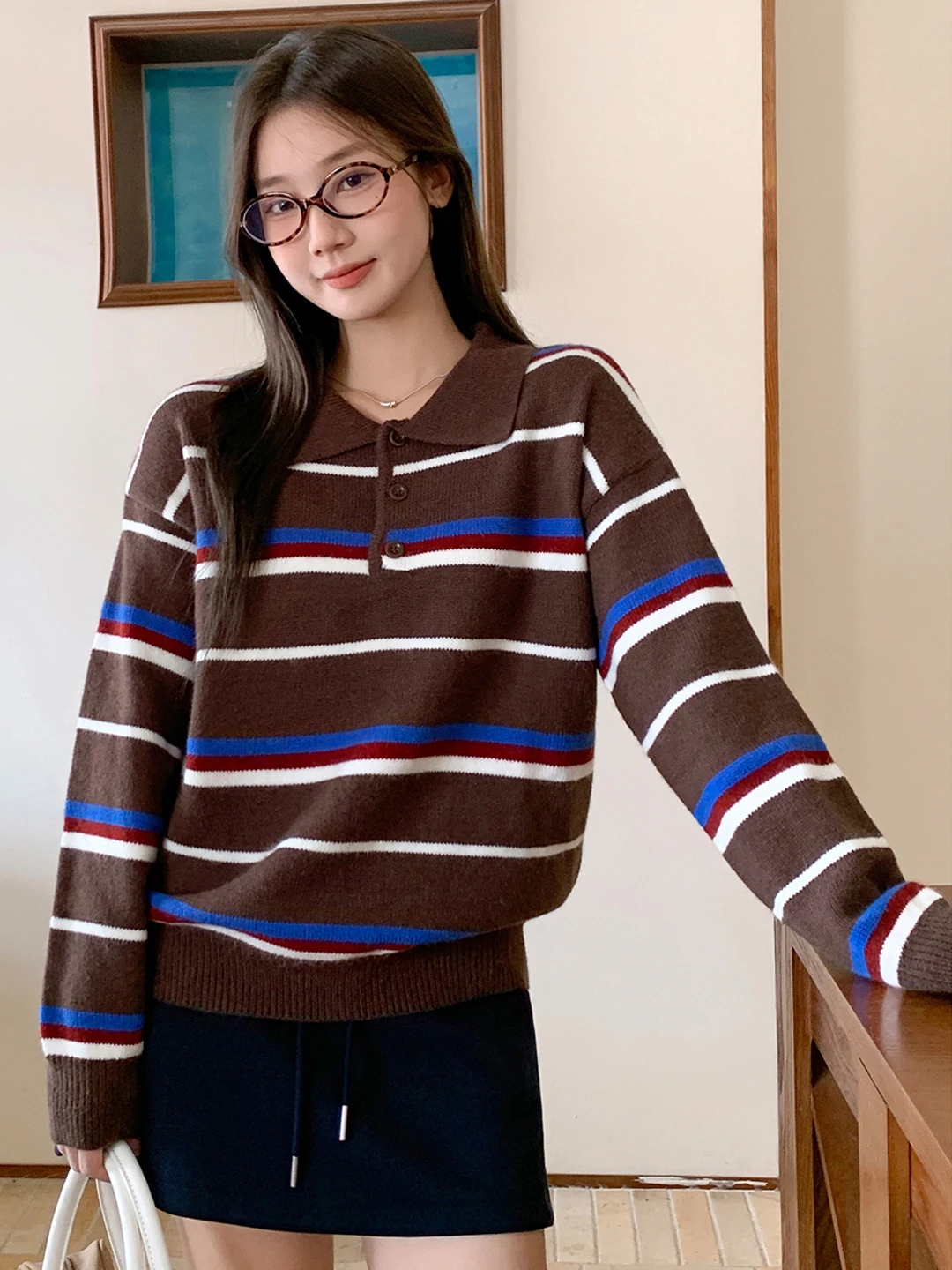 

Карамельный вязаный свитер в корейском винтажном стиле с 3 пуговицами, свободного кроя, кофейно-коричневый, теплый, осенне-зимний, для женщин