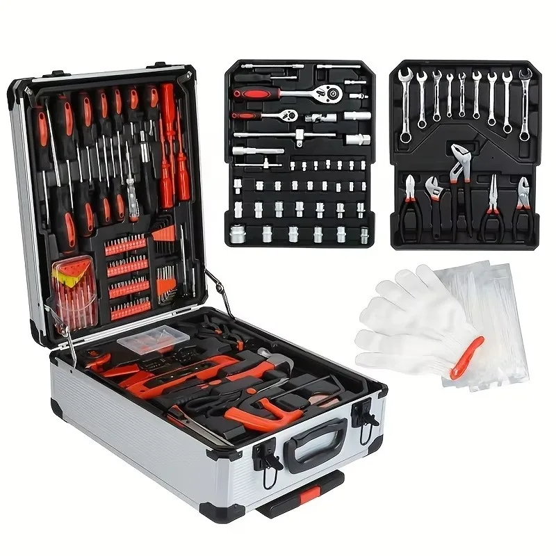 499-Piece Pull-Rod Luggage Tool Set in Aluminum Alloy Case with Pliers Hammer Ratchet Bits Sockets