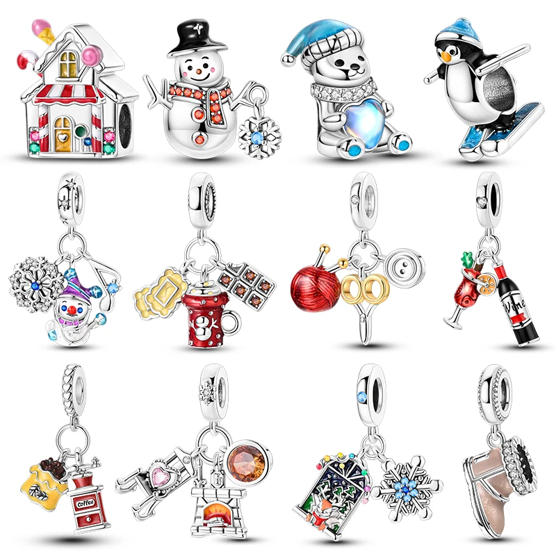 Winter Series 925 Sterling Silver Snowman Penguin Mulled Wine Charms Beads Fit Pandach 925 Original Bracelets DIY Jewelry Gift