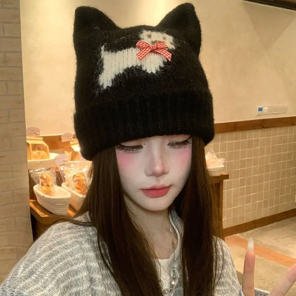 Warm Lining Cat Ear Beanie Cold Proof Ear Protection Fleece Lined Knitted Hat 56-58cm Polyester Puppy Pattern Earflap Hat