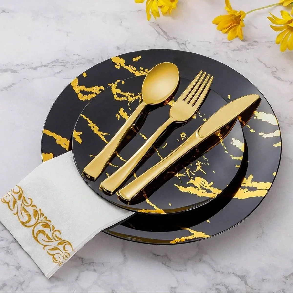 مجموعة أدوات مائدة بلاستيكية ذهبية مكونة من 30 قطعة تتضمن 10 شوك ذهبية و10 ملاعق و10 سكاكين زفاف وأدوات مائدة بلاستيكية للحفلات قابلة للغسل #5