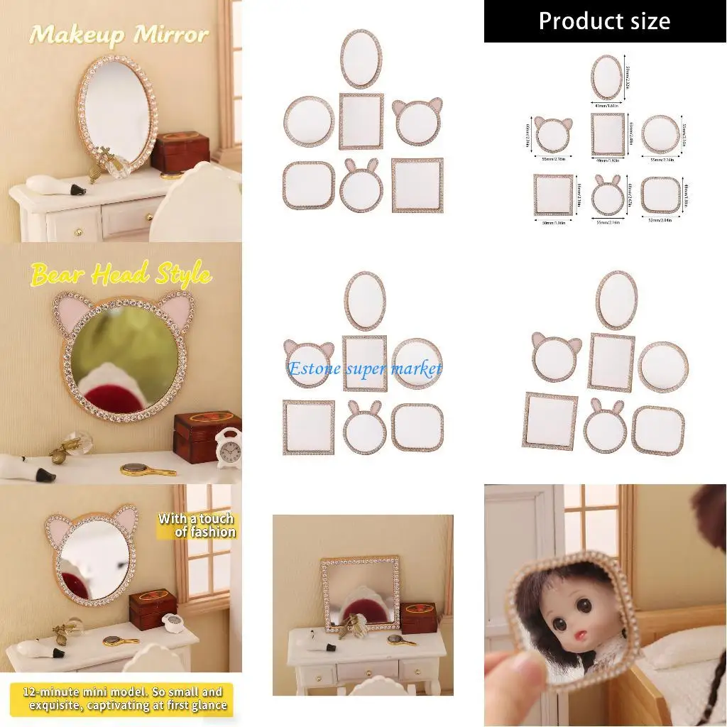 

090B Set of 7 Miniature Makeup Mirrors 1/12 Scale Doll House Accessories for Various Scene Building and Craft Model Decoration