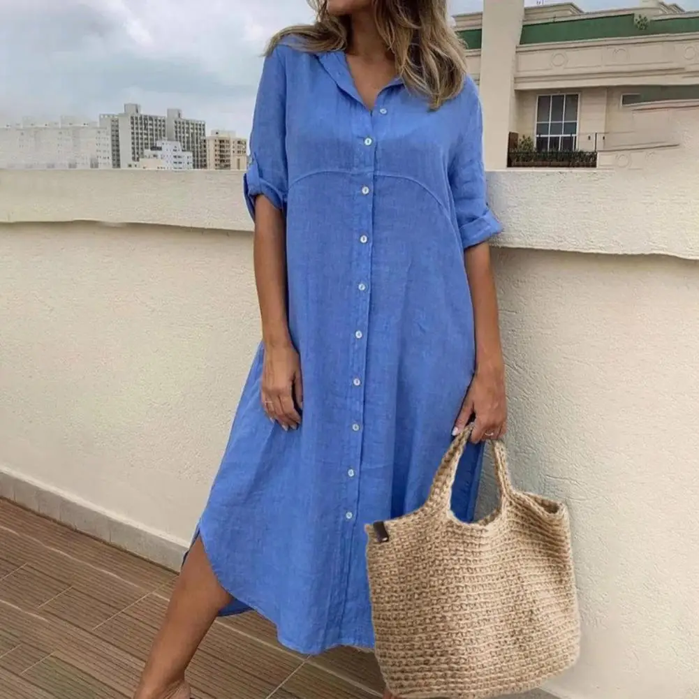 

Women Lapel Dress Chic Single-breasted Midi Dress Stylish Half Sleeves Turn-down Collar Loose Fit For Commute Summer Wear Women