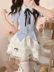 College Style Vintage Two Piece Set Women Bow Sweet Kawaii Mini Skirts Suit Female Puff Sleeve Blouse + Cute Cake Skirt 2023 New