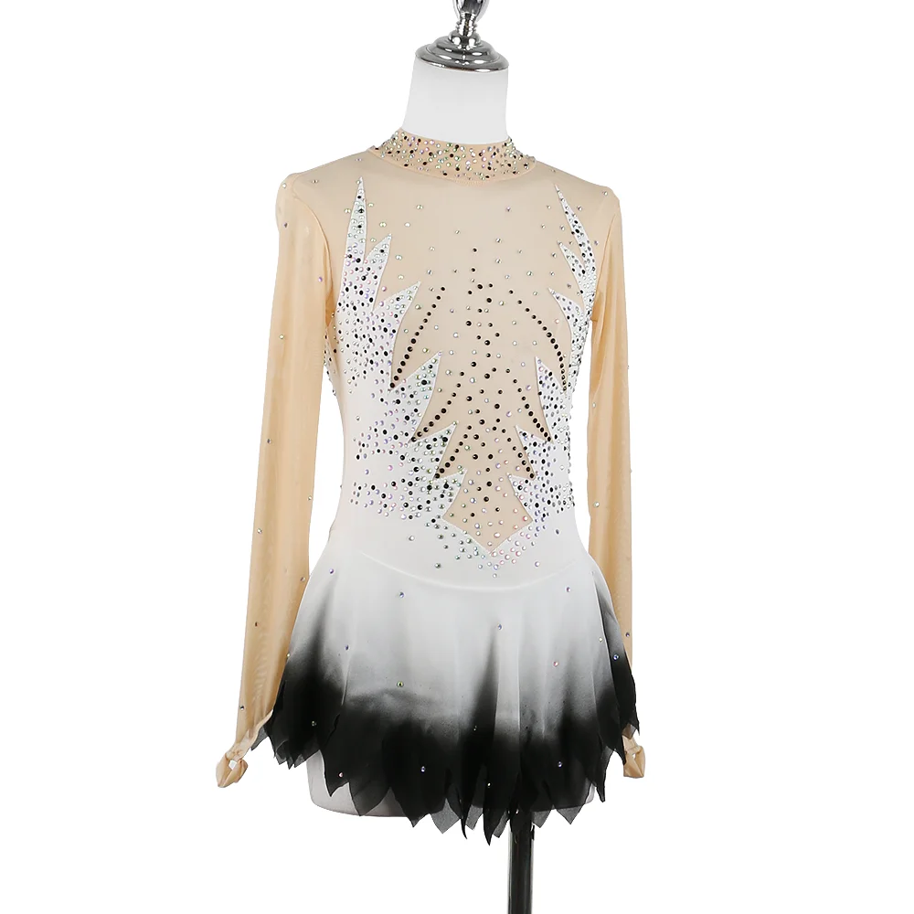 Zagitova White Figure Skating Dress For Women Girls Ice Skating Skirt Long Sleeve Black Gradient Diamonds