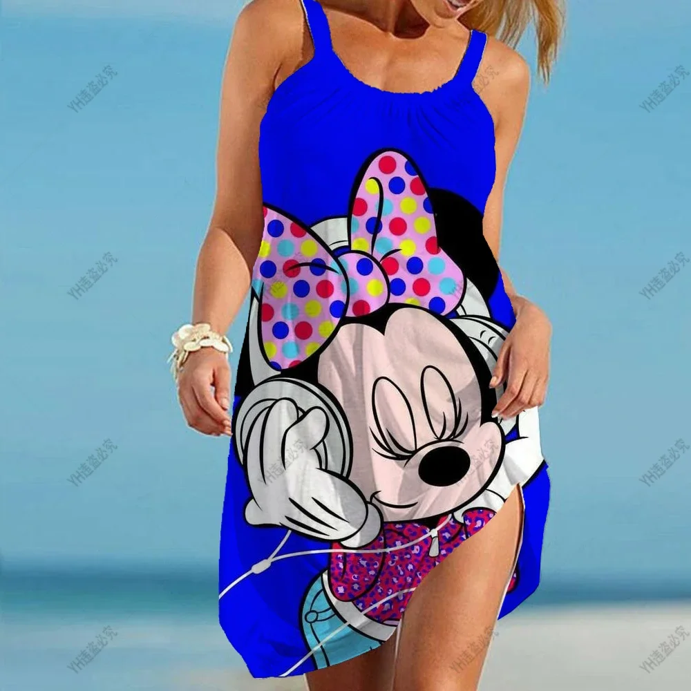 

Disney Minnie Mickey Mouse 2000s Kawaii Aesthetic Round Neck Sleeveless Sling Floral Print Summer Dress Women Beach sling Femme