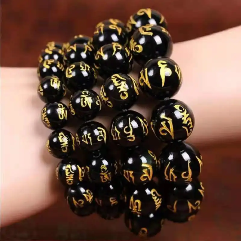 6-14mm Natural Black Obsidian Bead Bracelet Great Compassion Six Word Mantra Tibetan Buddhism Prayer Bead Mala Elastic Jewelry