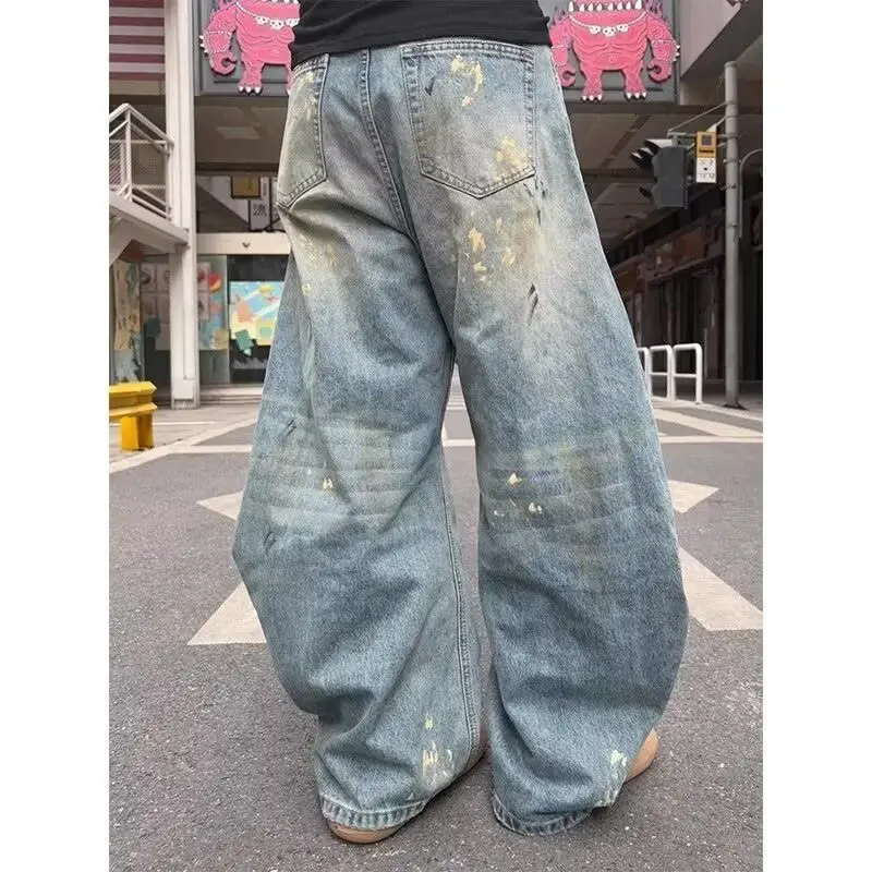 Men's Retro Splashed Ink Jeans Cowboy Pants 90s Summer Street Boy Casual Sweatpants Male High Waist Denim Blue Trousers