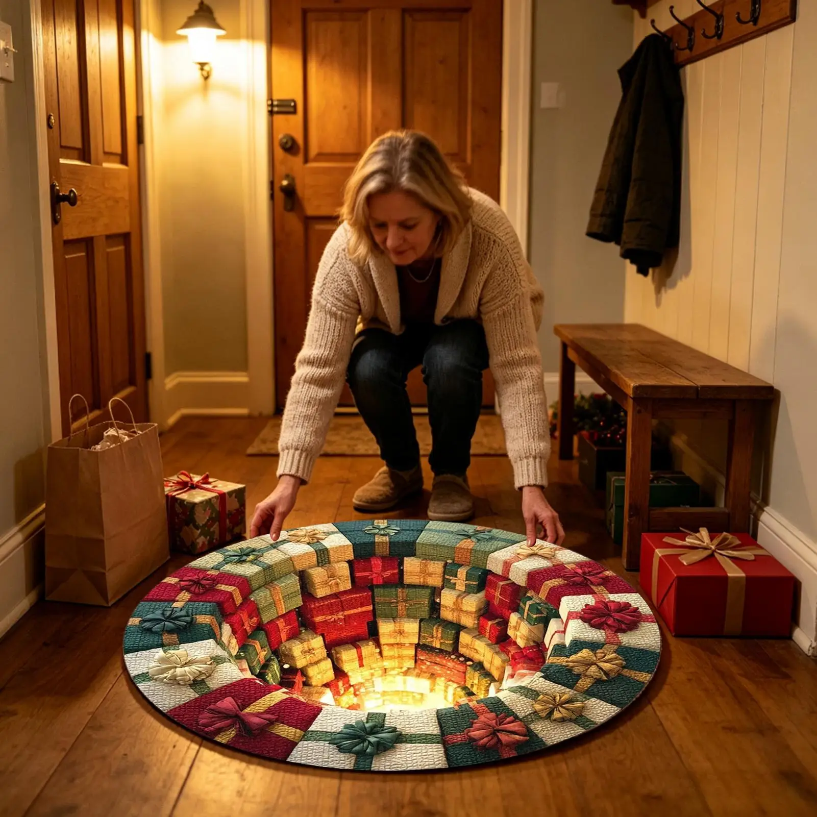 80x80cm Christmas Area Mat Decorative Soft Non Slip Optical Illusion Carpet Christmas Optical Illusion Rug for Home Indoor