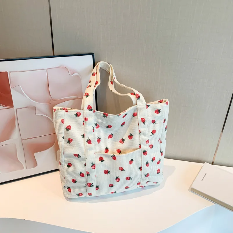 Fashion Corduroy Tote Bags for Women Girls Cute Strawberry Print Large Capacity Handbag Simple Shoulder Bags