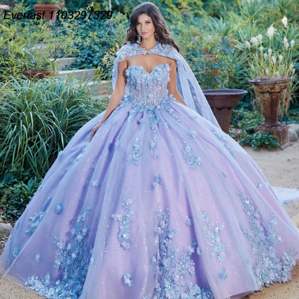 Evlast Lila Quinceanera Jurk Kanten Appliqué Kralen Poffy Mouw Met Cape Sweet 16 Vestidos De Xv 15 Anos Baljurk Tqd635