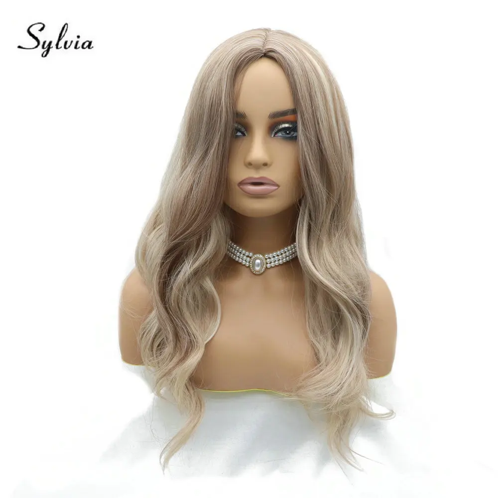 

Mixed Blonde Wig Long Wavy Blonde Synthetic Wig with Natural Hairline Glueless Highlight Wigs for Women Middle Parting 20 inches