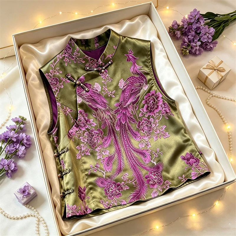 New Fashion Retro Phoenix Print Chinese Vest Coat High-end Stand-up Collar Cardigan Buckle Sleeveless Single-breasted Vest Coat