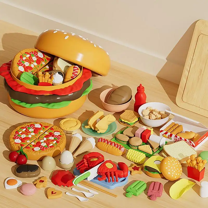 Juego de simulación de cocina, juego de comida, juguete de corte de hamburguesa colorido, juego de aprendizaje de habilidades motoras finas portátil, accesorios para jugar a la casa