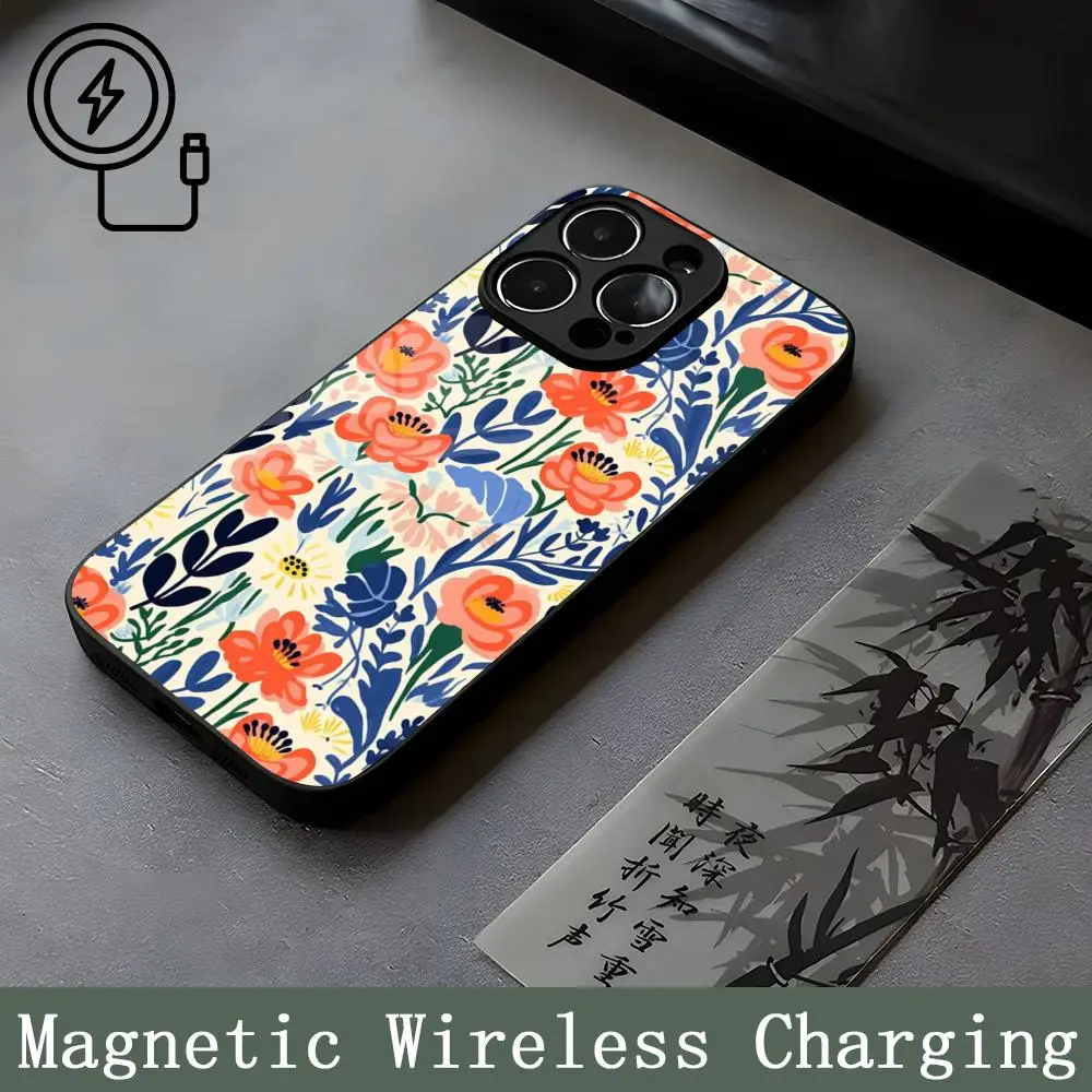 Abstract Flower Market Strong Magnetism Glass For iPhone 16ProMax 14 15 13 12 15 11 Pro Max Plus Mini Coque