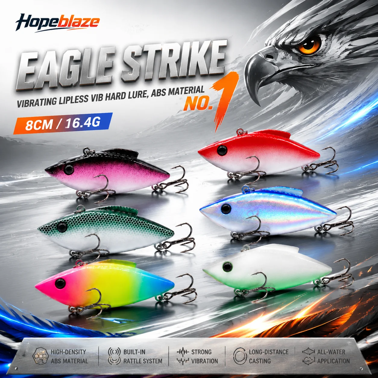 Hopeblaze Eagle Strike No.1 Vibrating VIB Fishing Lure,Sinking,Built-in Rattle Beads,Long Casting for Bass,Pike,Walleye,Trout