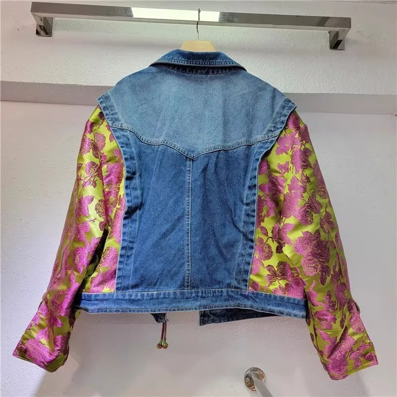 Streetwear Fashion Embroidery Sleeve Spliced Denim Jacket Women Loose Short Cowboy Outerwear Korean Frayed Jeans Jackets Female