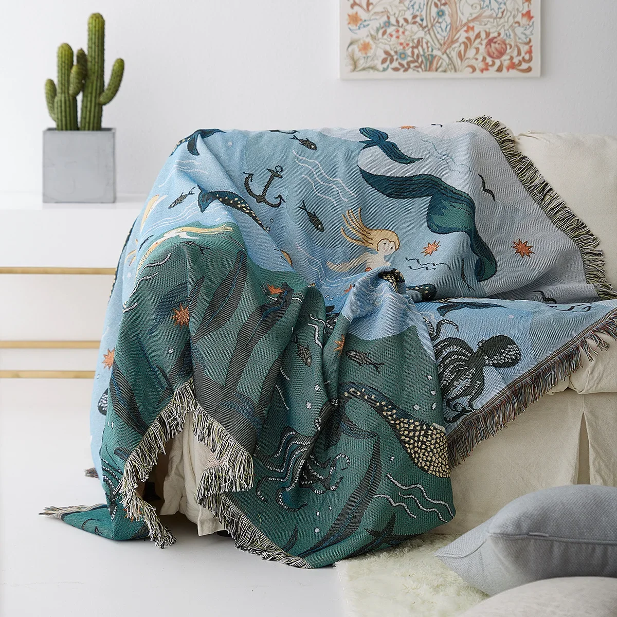 Textile City Mermaid Woven Throw Blanket Boho Nautical Tapestry with Tassels for Sofa Cover Decorative Blanket for Living Room