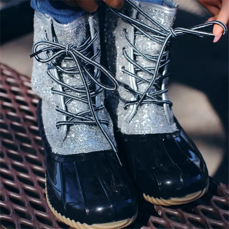 Autumn Winter Woman Shoes 2021 Fashion Round Head Low Heel Lace Up Sequin Rain Boots Women Mid-tube Waterproof Rain Boots Womenb