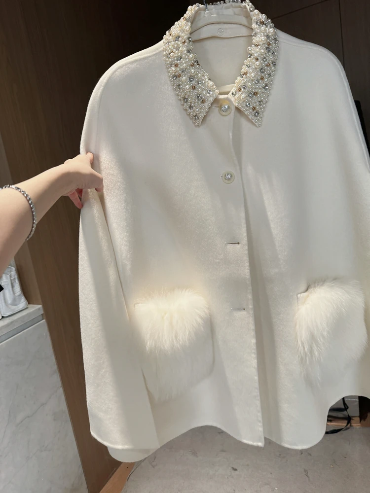 

Двустороннее шерстяное пальто Youenbb Miu с воротником из искусственного меха, роскошный меховой плащ в стиле Хепберн, женская верхняя одежда