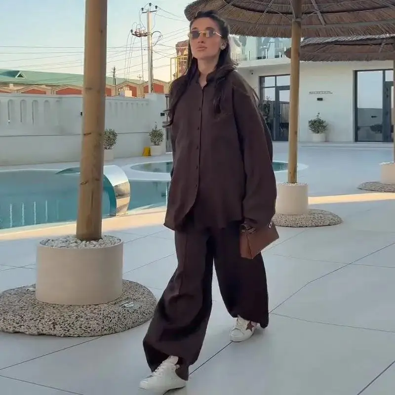 

Women's Faion Tee-Piece Set with Collar Single irt And Wide Leg Pants Long Sve Long Pants Spring Summer European Sle