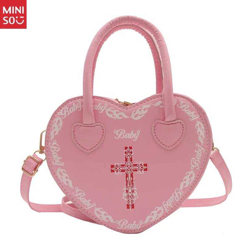 Miniso 2025 Punk Heart Box Bag, Gothic Cross Shoulder Purse, Studded Dark Female Handbag