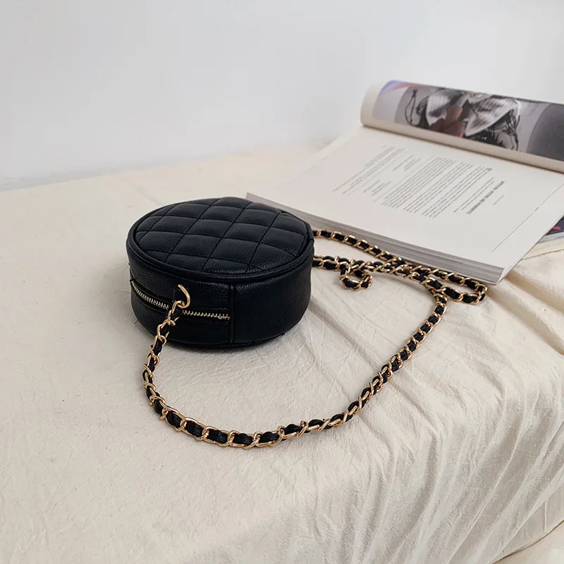 Casual Women\'s Crossbody Bags Fashion PU Leather Chain Mini Round Bag Simple Rhombic Pattern Handbags for Female Black White