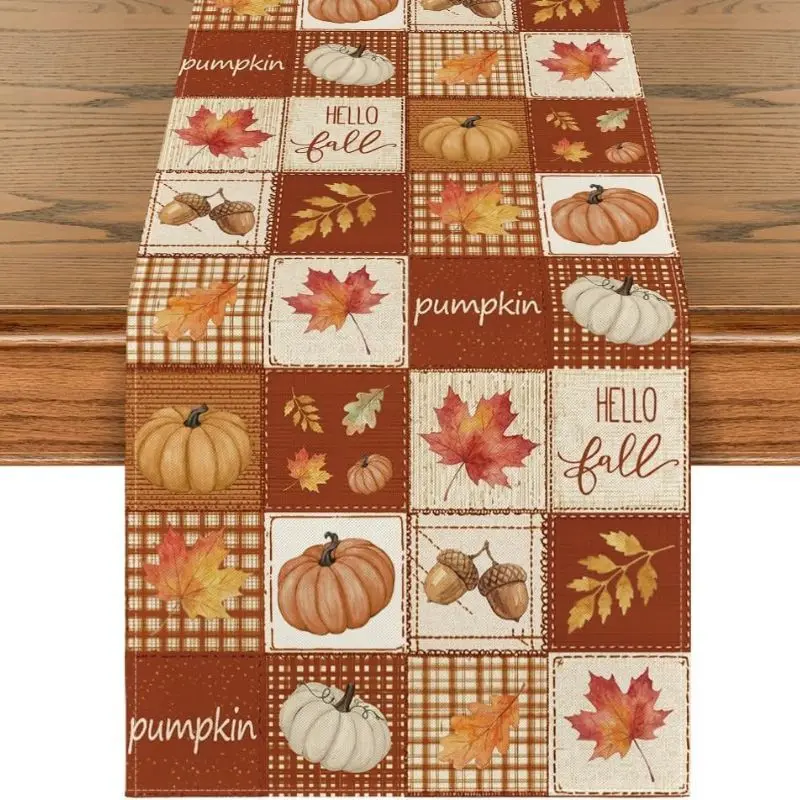VIKAMA Fall Table Runner Pumpkin Plaid Maple Leaf Print Linen Dresser Scarf For Dining Room Kitchen Thanksgiving Decor
