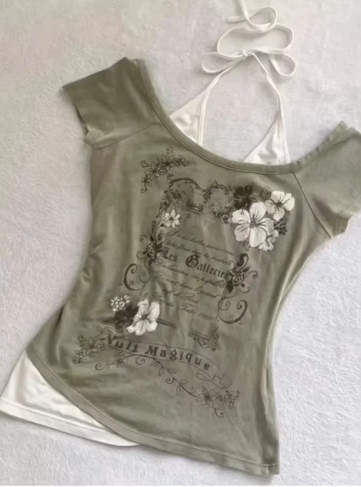 Y2k Vintage Polo Shirt Woman Gothic Slim V-neck Button American Letter Print T-shirts Punk Short Sleeve Harajuku 90s Rock Tees