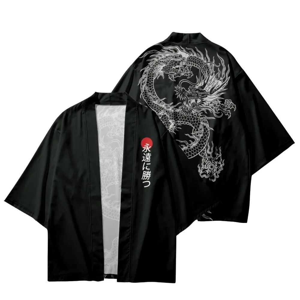 Men Women Black Loose Yukata Cardigan Cosplay Haori Chinese Dragon Print Traditional Kimono Japanese Style Samurai Asia Clothing