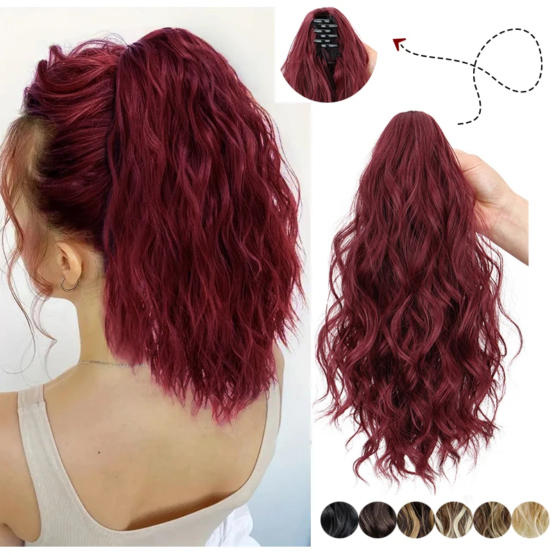 Synthetic 14Inch Short Wavy Brown Blonde Ponytail Hair Extension Claw Clip in Hairpiece Style for Women Halloween Wig Cosplay