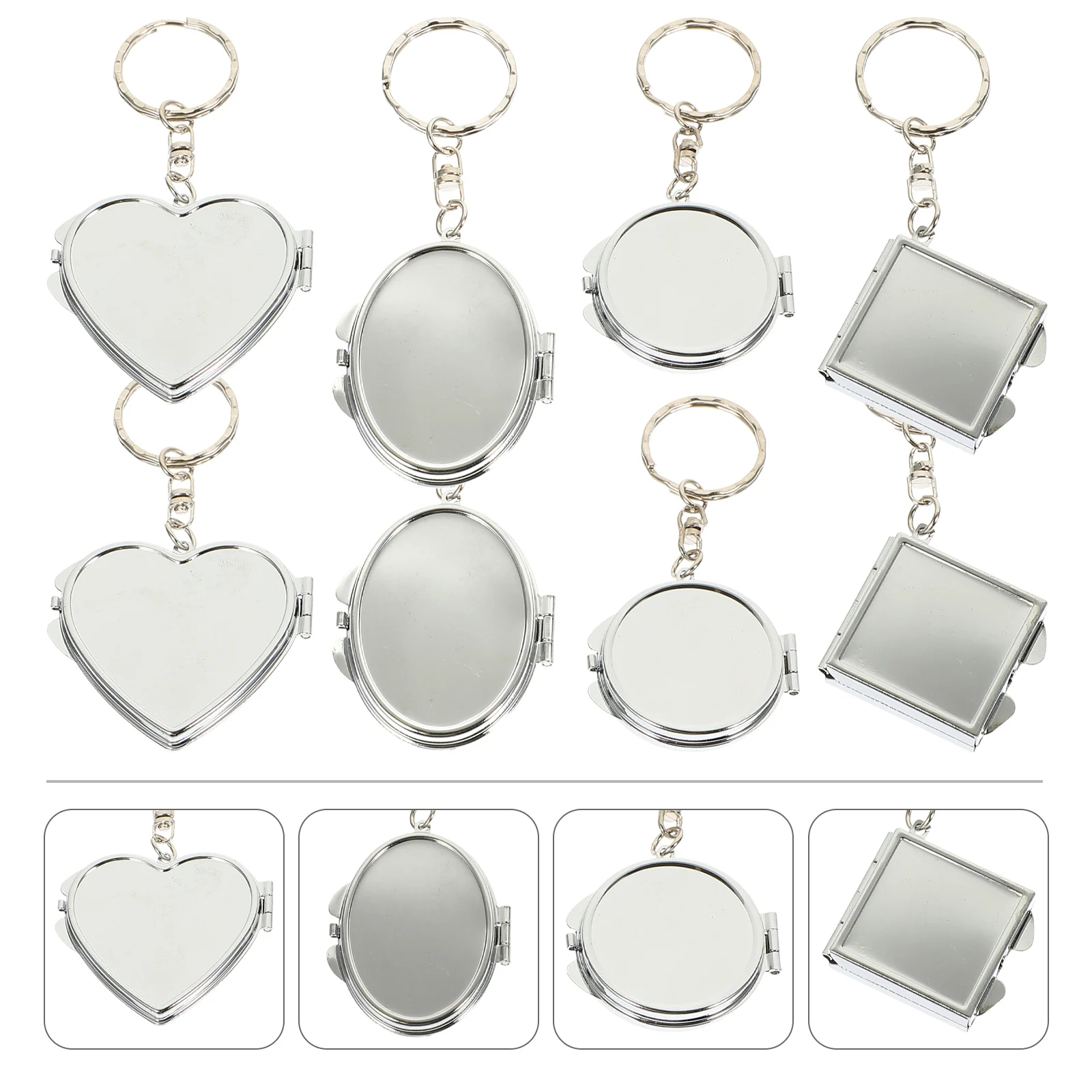 8 Pcs Vanity Mirror Makeup Keychain Pocket Miniature Folding Small Compact Silver Travel
