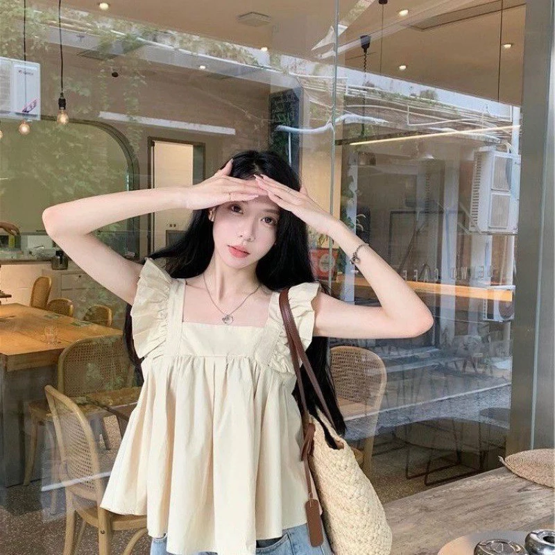 

Милая рубашка, женская блузка с оборками и рукавами-фонариками, уличная мода, однотонные повседневные топы с квадратным вырезом и воротником, Новинка лета