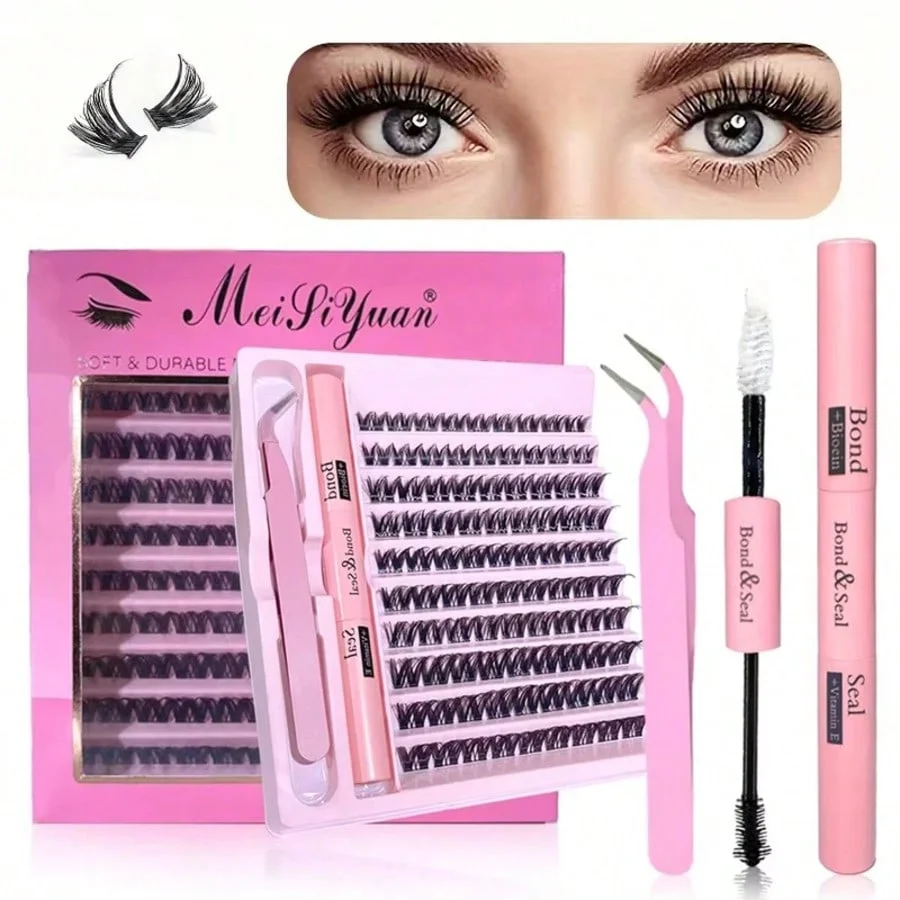 Kit de pestañas en racimo 3D, 190 Uds., juego de extensiones de pestañas DIY con accesorios de pegamento, rizador de pestañas, herramientas de maquillaje de unión y sellado