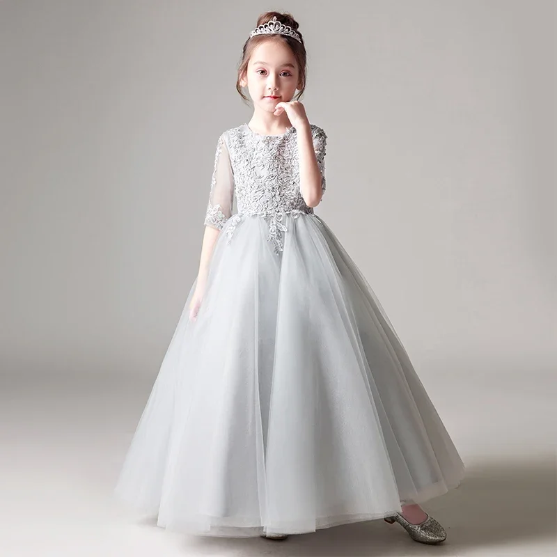 Elegant Gray Tulle Flower Girl Dress For Weddings Baby Baptism Gown Party Pageant Princess Sequin Long Kid First Communion Dress