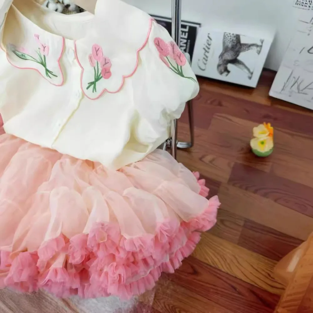 Bear Leader Summer Sweet and Cute Girl\'s Clothing Embroidered Flower Doll Collar Short Sleeve Top+Mesh Puff Skirt Two Piece Set