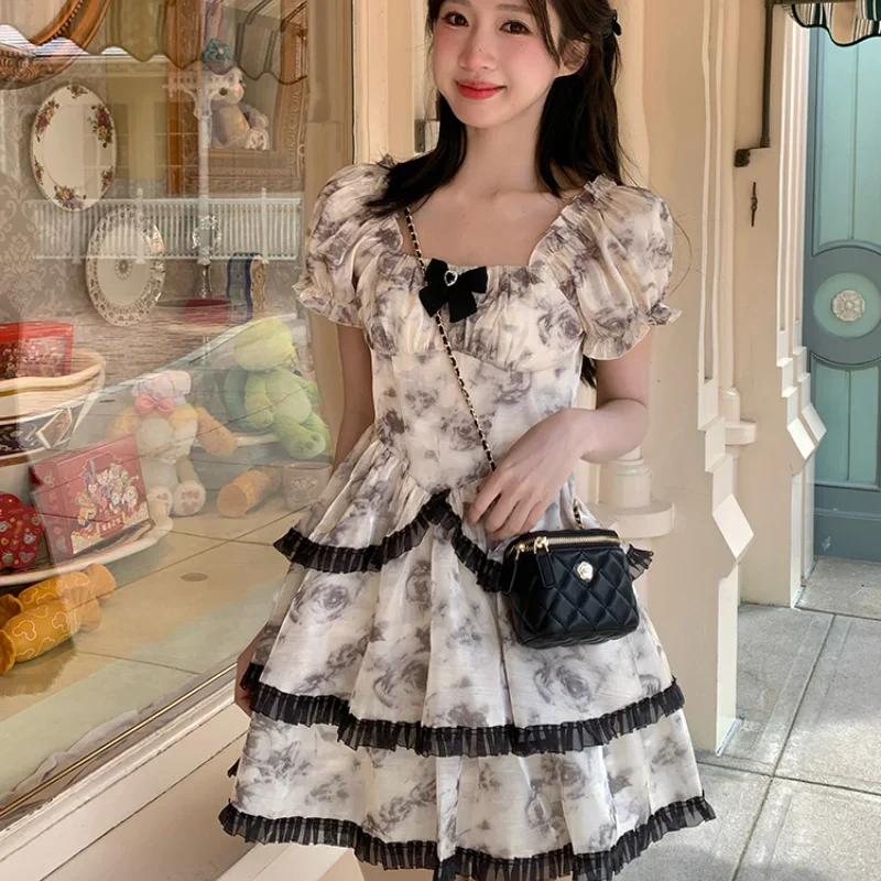 2024 New Casual Summer Short Sleeves Marble Rose French Style Retro Puff Sleeve Waist Slimming Fashionable Versatile Dress Girls