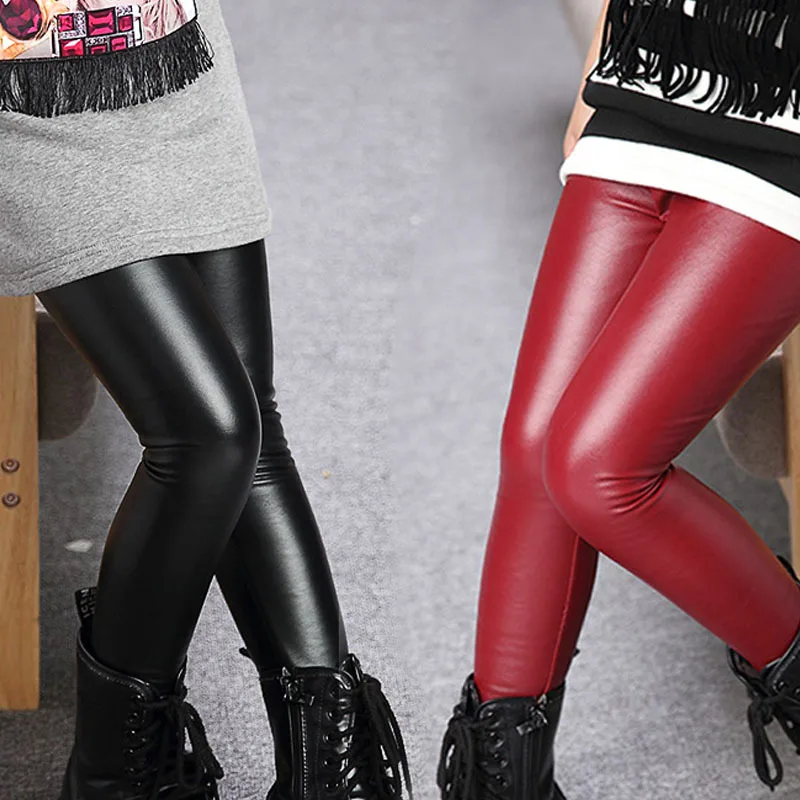 Winter Girl Leggings PU Leather Children Thick Warm Trousers Leather Pencil Pants Elastic Waist Solid Color Casual Warm Trousers