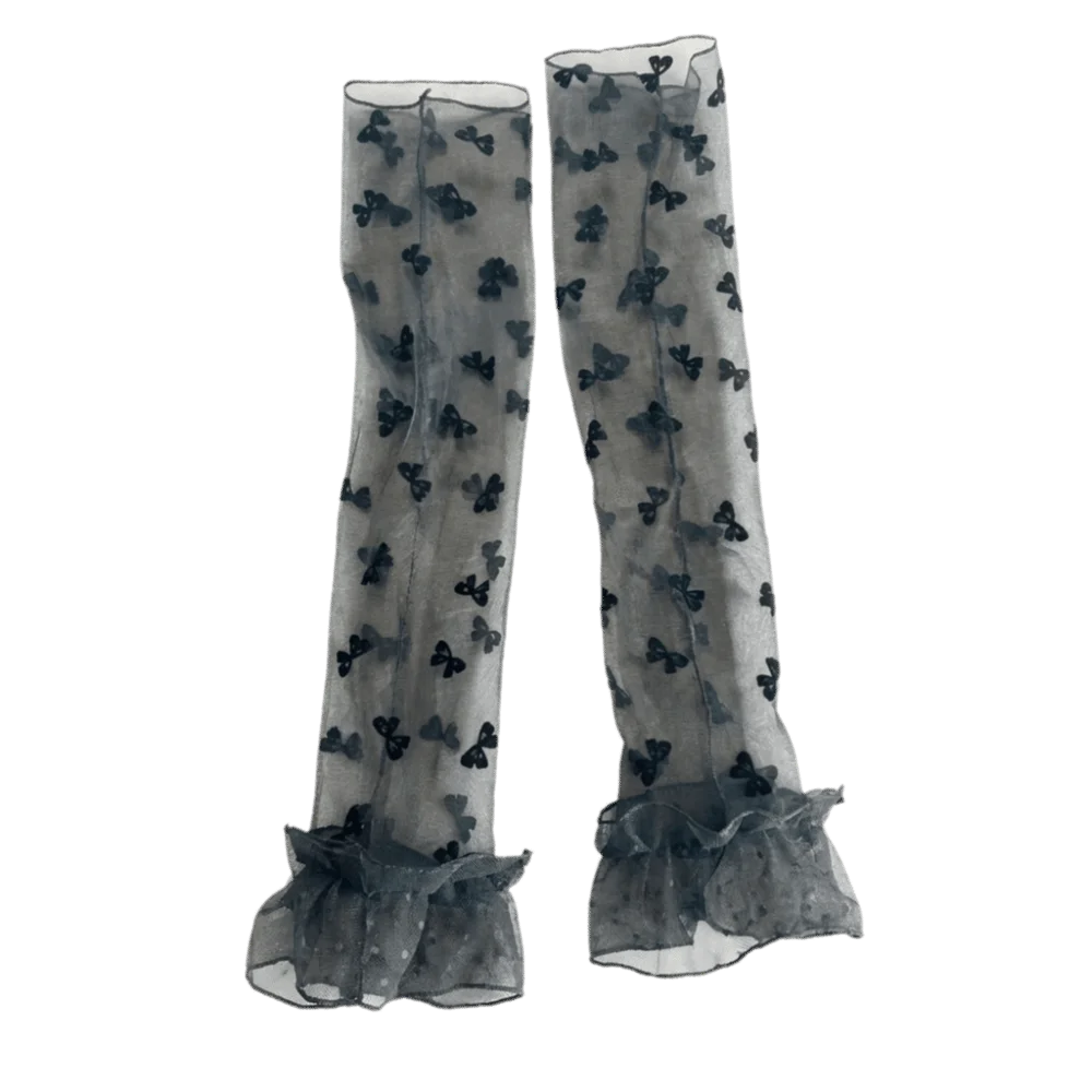 Lace Breathable Lolita Arm Sleeves Polka Dot Pattern Bow Long Fingerless Gloves Arm Protection Transparent Bridal Gloves Wedding
