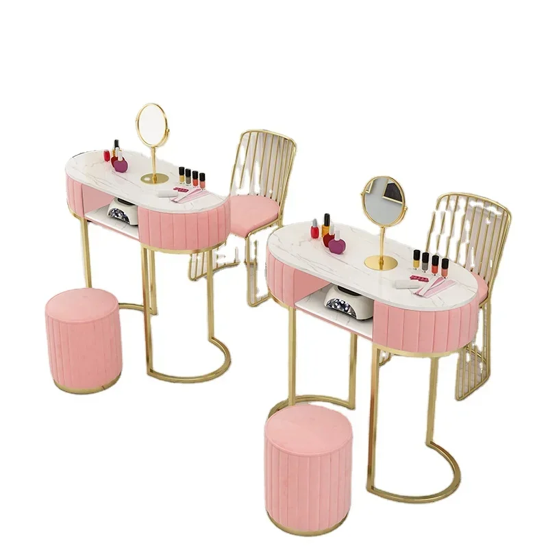 High quality wholesale price light luxury gold pink green beauty nail furniture table and chair set salon furniture nail table