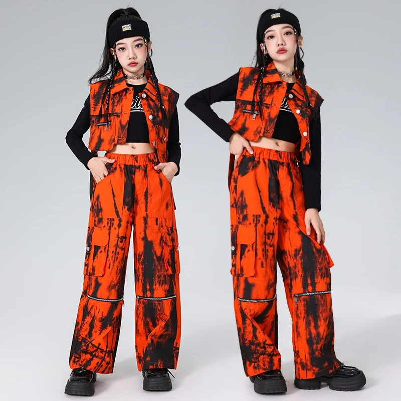 Costumes de danse jazz moderne pour filles, pantalons glacés orange, streetwear imbibé, vêtements de performance hip hop pour enfants, DQS17989, nouveau, 2024