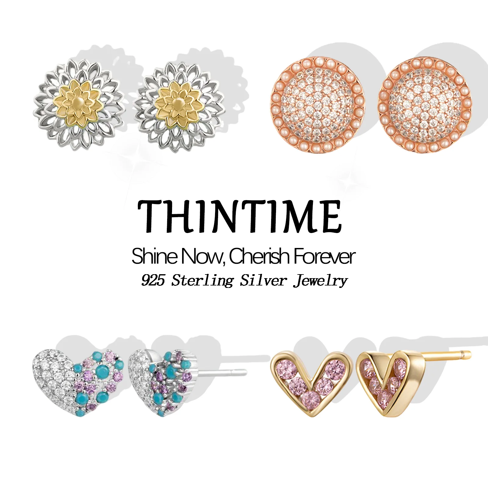 

925 Sterling Silver Flower/Heart/Round Earrings, Fresh Style Stud Earrings Jewelry Gifts for Women Mom