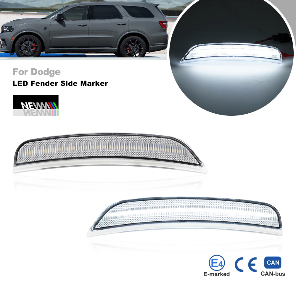 2x Clear Lens Full White Led Bumper Side Marker Lights For Dodge Durango 2021 2022 2023 2024+ Auto Fender Flare Repeater Lamp