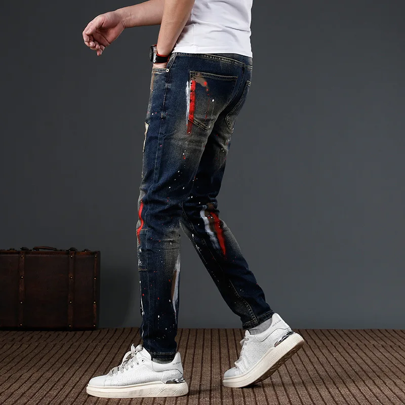 2024 New Fashion Patch Motorcycle Jeans for Men with Broken Holes Splatted Ink Paint Slim Fit Small Feet Motorcycle Tight Pan