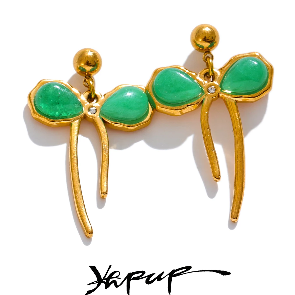 Yhpup Stainless Steel Green Color Stone Stainless Steel Bow Knot Earrings Jewelry for Women