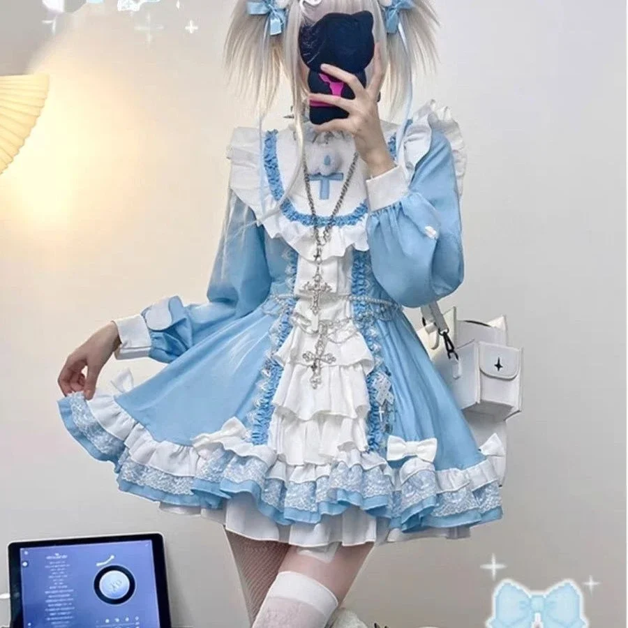 

Вечернее облегающее платье Kawaii Lolita, женское корейское модное осеннее новое японское винтажное женское платье с длинным рукавом, милые платья 2025