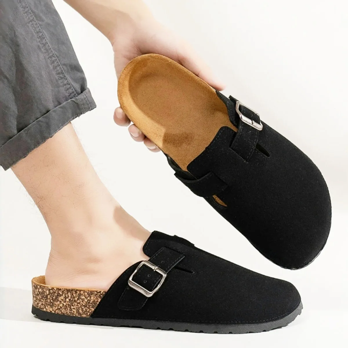 

Womens Suede Clogs Casual Vacation Outside Wear Women's Flat Slippers Lady Retro Mules With Adjustable Buckle