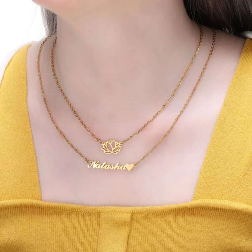 Colliers de la présidence de nom personnalisés pour femmes, acier inoxydable, double couche, pendentif fleur, cadeau de bijoux de collier pour petite amie