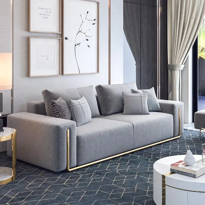 Living room simple three-person sofa, gray and white sofa, model room furniture, bag art sofa
