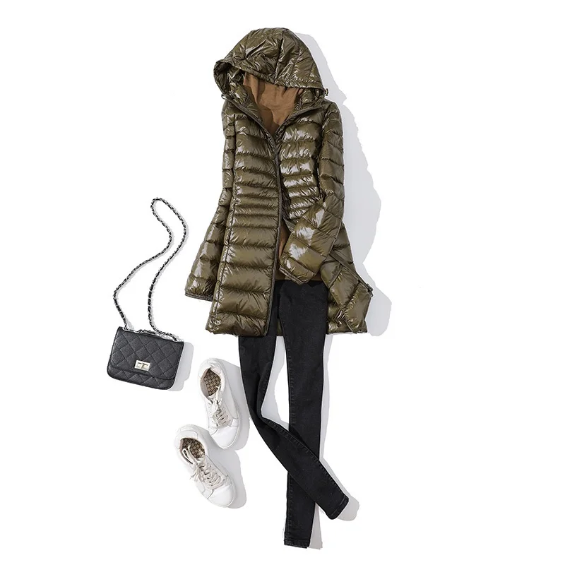 Leichte Daunenjacke für Damen, mittellang, mit Kapuze, 2022, Herbst und Winter, neue Slim-Fit-Kapuze, warme Jacke, leicht